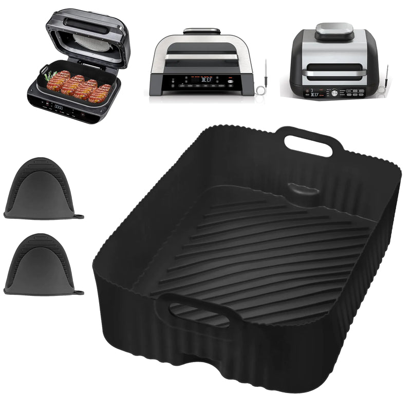 Fioxcomko Silicone Air Fryer Liner with Gloves for Ninja FG551/DG551/IG651 Smart Xl Indoor Grill Rectangular Air Fryer Liners Reusable Air Fryer Basket Liners Ninja Foodi Grill Accessories
